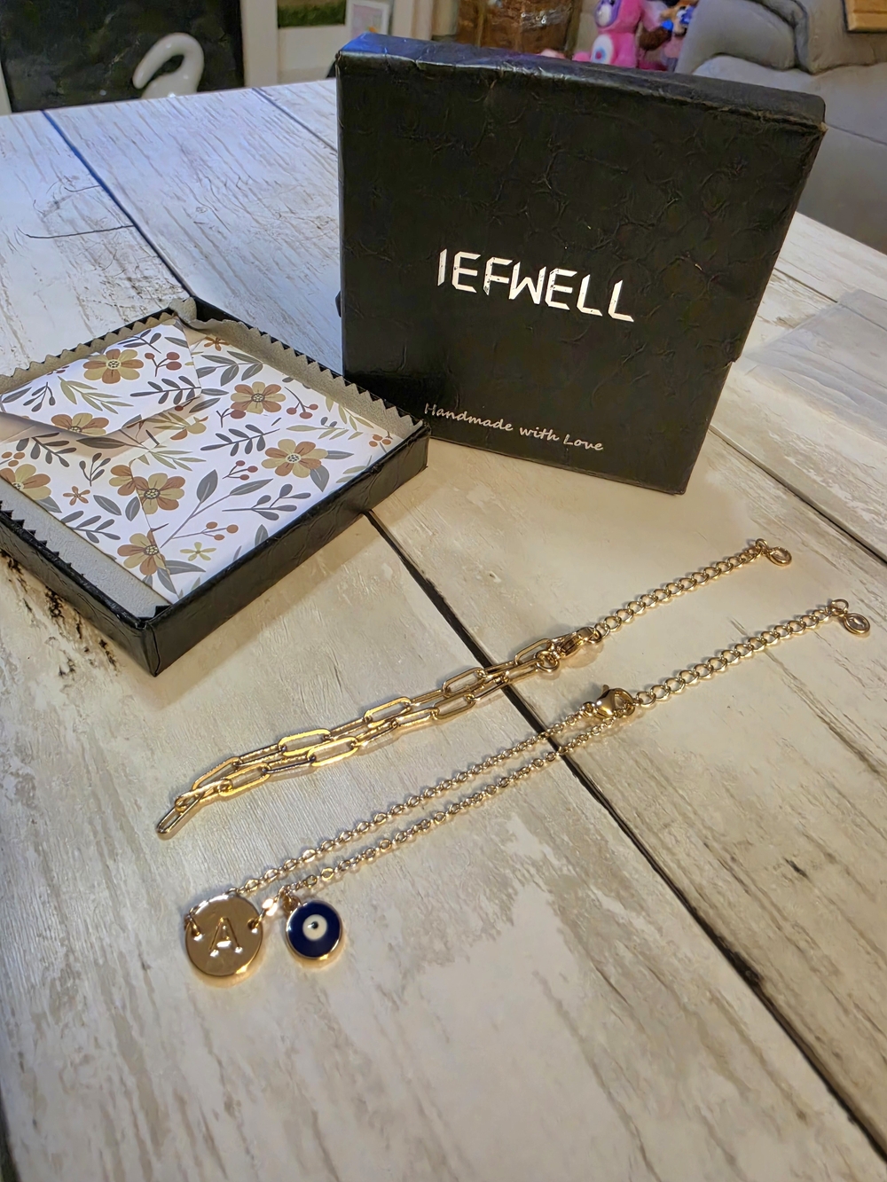 Gold Initial 'A' and Blue Evil Eye Pendant Bracelet Set - Picture 2 of 4
